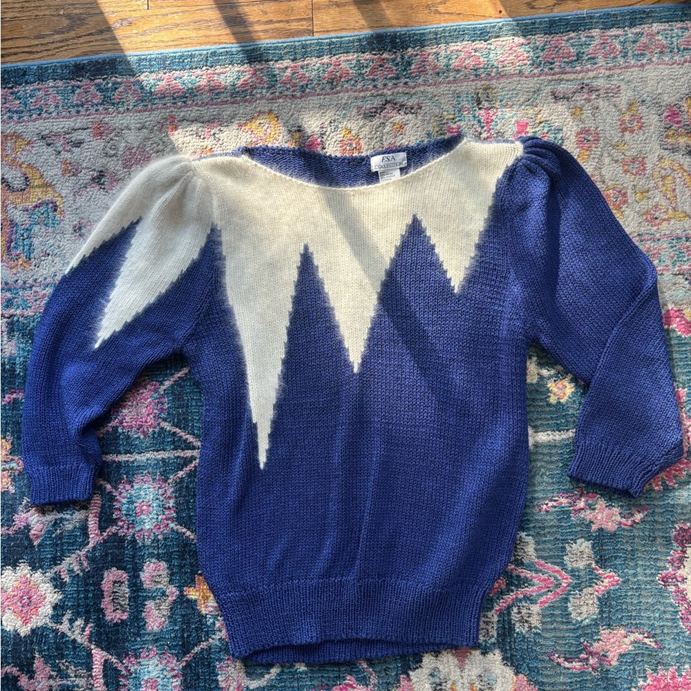 Vintage 80s Angora Lambswool Alpine Sweater | Blue Ski Lodge Zig Zag |